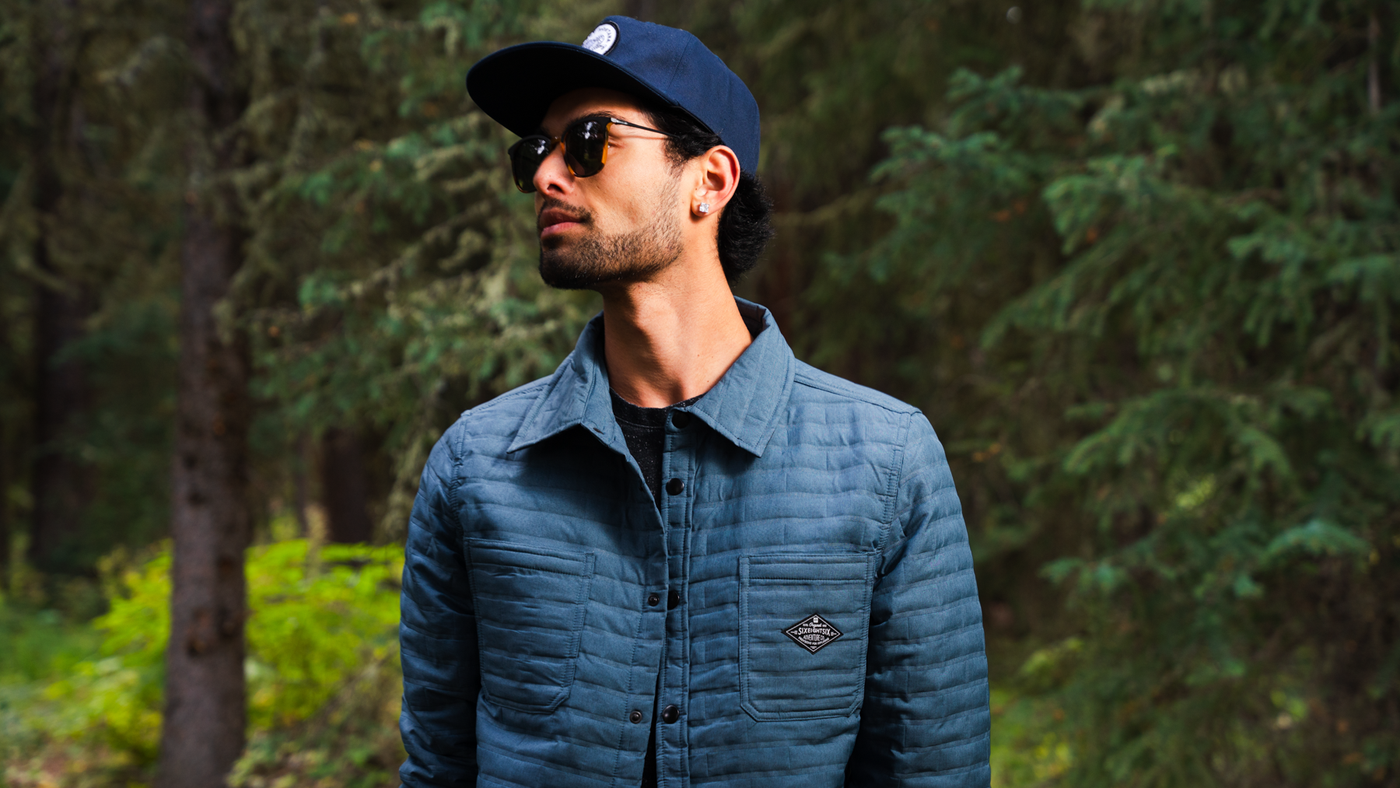 Montana Supply Co. Photo Shoot Male Model 686 Engineer Quilted Shacket Oblu Orion Blue