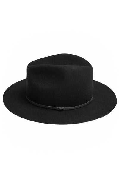 Wool Black Fedora adorned with black leather strap.